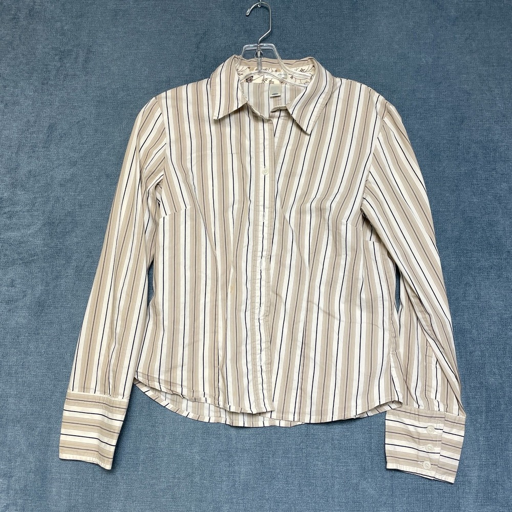 Old Navy Shirt Womens Medium Beige Cream Striped Stretch Button Up Perfect Fit